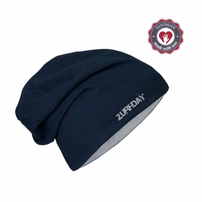Wende Beanie, blau/grau-0 fair gefertigte Beanie aus Ökotex-zertifiziertem Baumwolljersey, Wende-Beanie, handmade in Deutschland, Trend-Accessoire